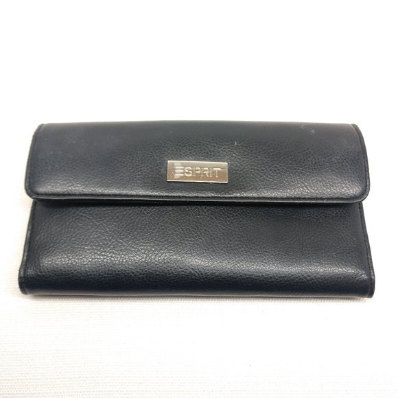 ESPRIT Womens Black Leather Fold Wallet VTG 90s 12 card holder photo id coin bag - Picture 1 of 6